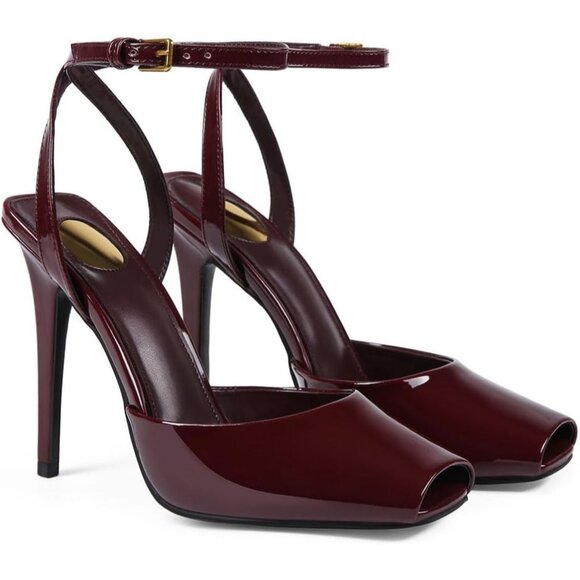 Maroon Womens Square Peep Toe Stiletto Heels Ankle Strap Backless Sandals - Picture 3 of 7